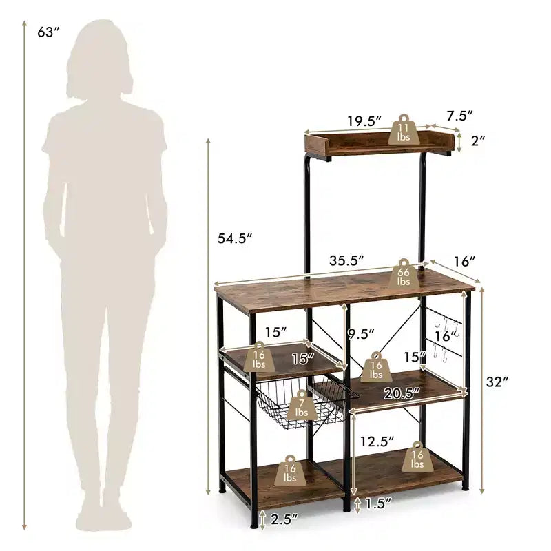 Marrone Scuro / Marrone Chiaro Scaffale da Panettiere a 4 Ripiani con Cesto e Ganci, per 1