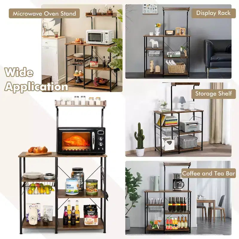 Marrone Scuro / Marrone Chiaro Scaffale da Panettiere a 4 Ripiani con Cesto e Ganci, per 1