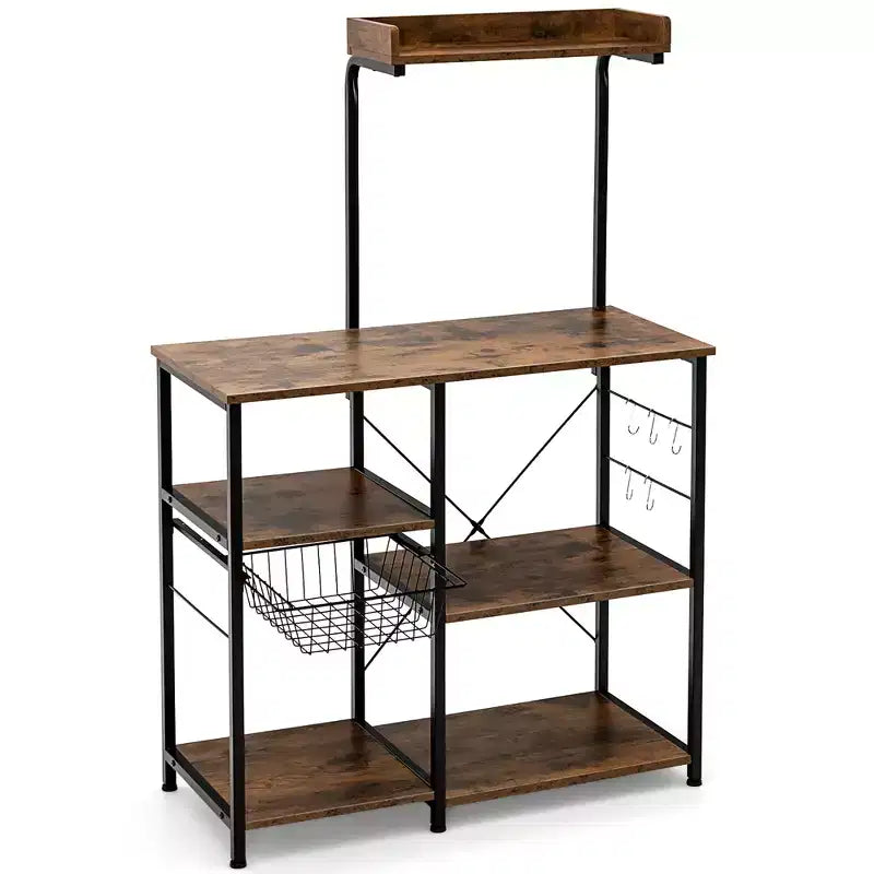 Marrone Scuro / Marrone Chiaro Scaffale da Panettiere a 4 Ripiani con Cesto e Ganci, per 1