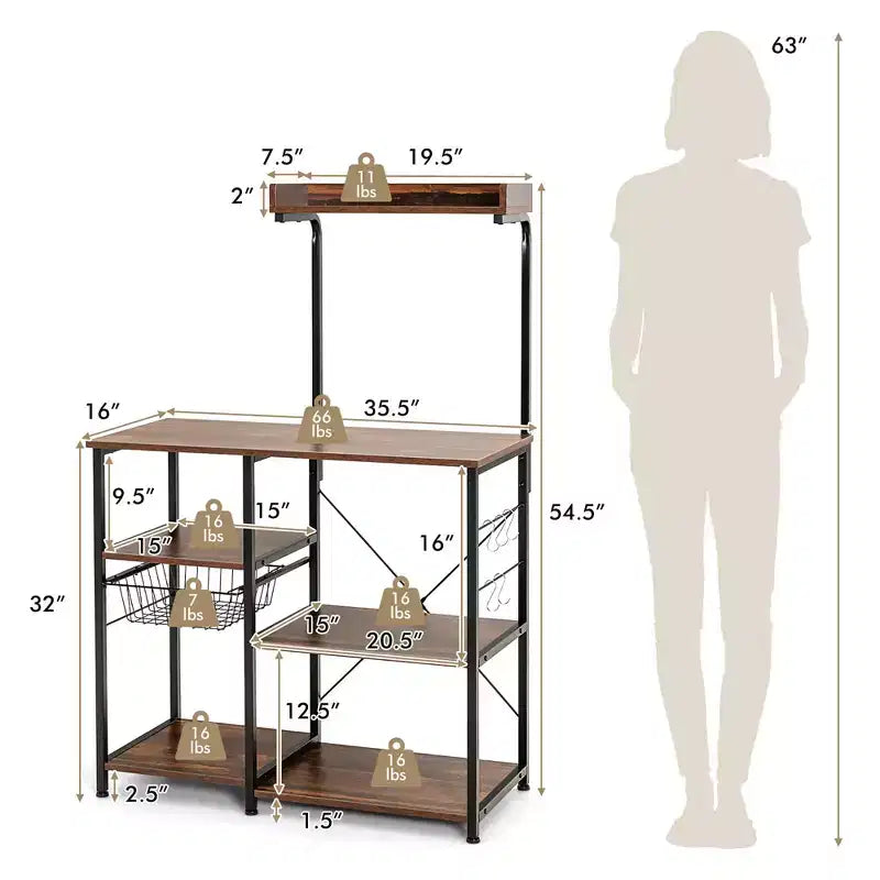 Marrone Scuro / Marrone Chiaro Scaffale da Panettiere a 4 Ripiani con Cesto e Ganci, per 1