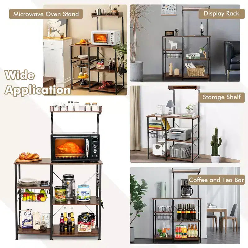 Marrone Scuro / Marrone Chiaro Scaffale da Panettiere a 4 Ripiani con Cesto e Ganci, per 1