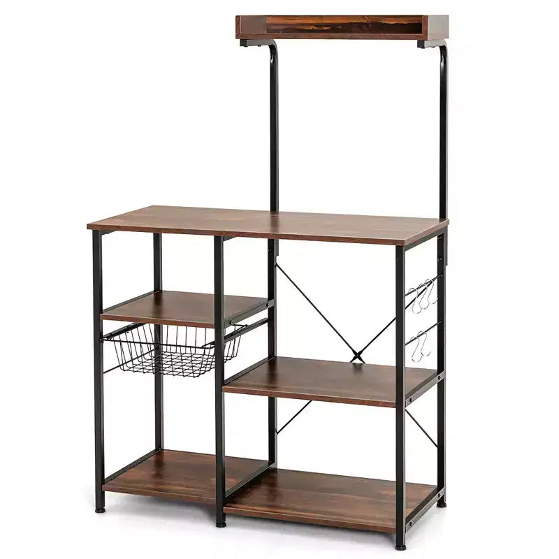 Marrone Scuro / Marrone Chiaro Scaffale da Panettiere a 4 Ripiani con Cesto e Ganci, per 1