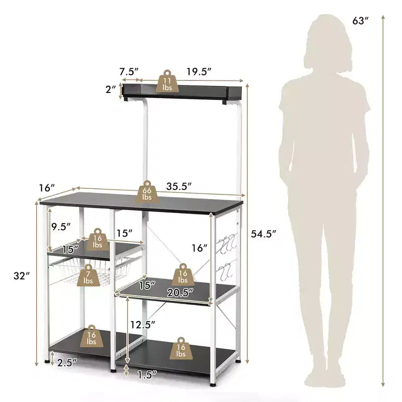 Marrone Scuro / Marrone Chiaro Scaffale da Panettiere a 4 Ripiani con Cesto e Ganci, per 1