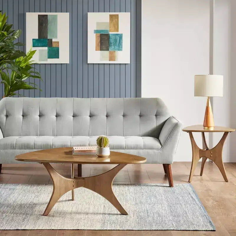 Tavolino laterale triangolare in legno marrone chiaro/noce pecan, per 1 persona