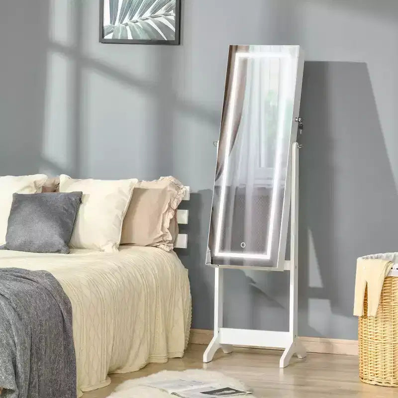 Armadietto portagioie grigio/bianco da terra con luce a LED, specchio a figura intera con serratura, utente singolo