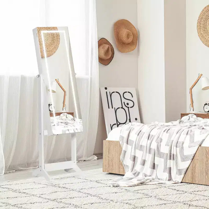 Armadietto portagioie grigio/bianco da terra con luce a LED, specchio a figura intera con serratura, utente singolo