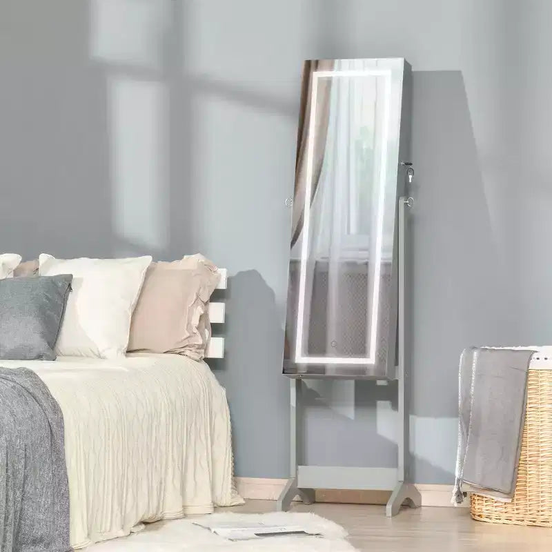 Armadietto portagioie grigio/bianco da terra con luce a LED, specchio a figura intera con serratura, utente singolo