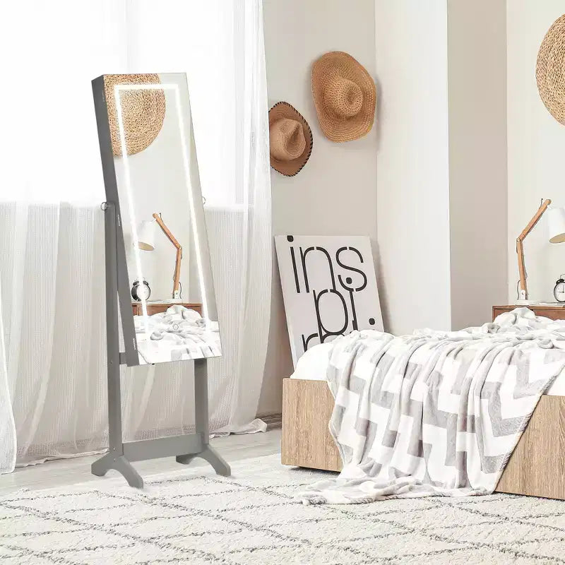 Armadietto portagioie grigio/bianco da terra con luce a LED, specchio a figura intera con serratura, utente singolo