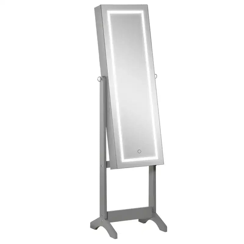 Armadietto portagioie grigio/bianco da terra con luce a LED, specchio a figura intera con serratura, utente singolo