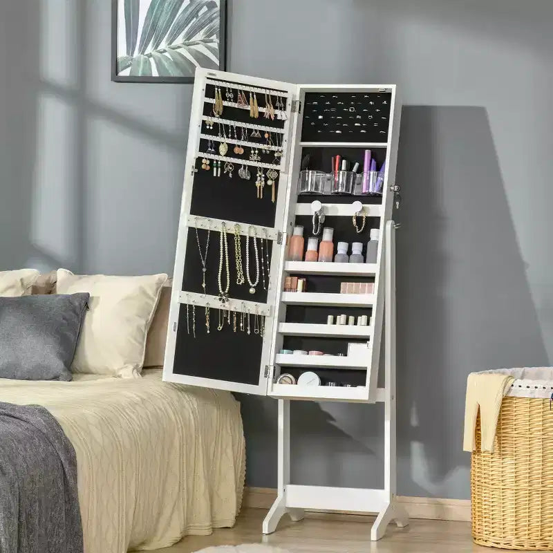 Armadietto portagioie grigio/bianco da terra con luce a LED, specchio a figura intera con serratura, utente singolo