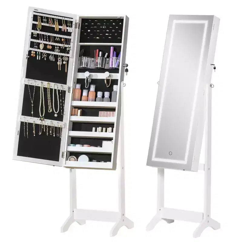 Armadietto portagioie grigio/bianco da terra con luce a LED, specchio a figura intera con serratura, utente singolo