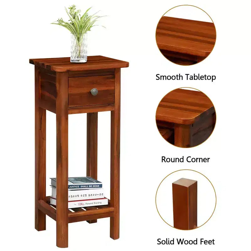 Tavolino rettangolare marrone con cassetto e ripiano aperto, struttura in legno di acacia, set da 2