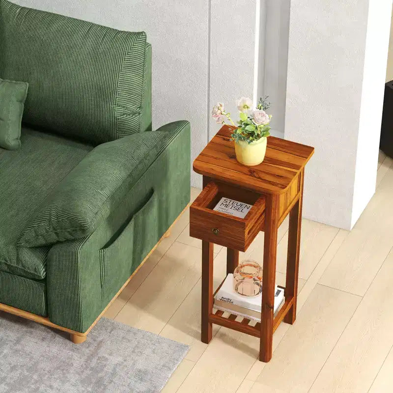 Tavolino rettangolare marrone con cassetto e ripiano aperto, struttura in legno di acacia, set da 2