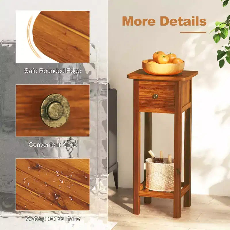 Tavolino rettangolare marrone con cassetto e ripiano aperto, struttura in legno di acacia, set da 2