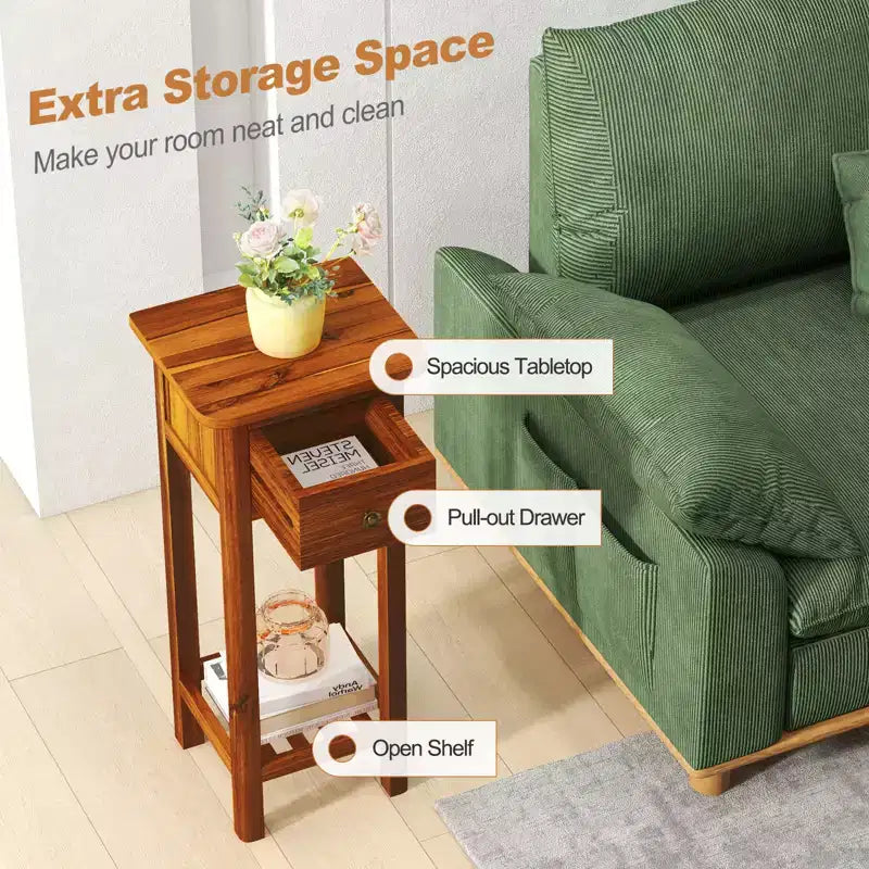 Tavolino rettangolare marrone con cassetto e ripiano aperto, struttura in legno di acacia, set da 2