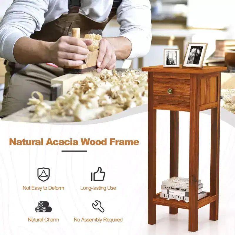 Tavolino rettangolare marrone con cassetto e ripiano aperto, struttura in legno di acacia, set da 2