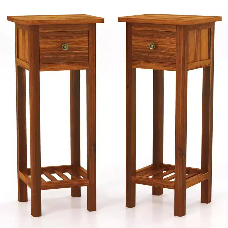 Tavolino rettangolare marrone con cassetto e ripiano aperto, struttura in legno di acacia, set da 2