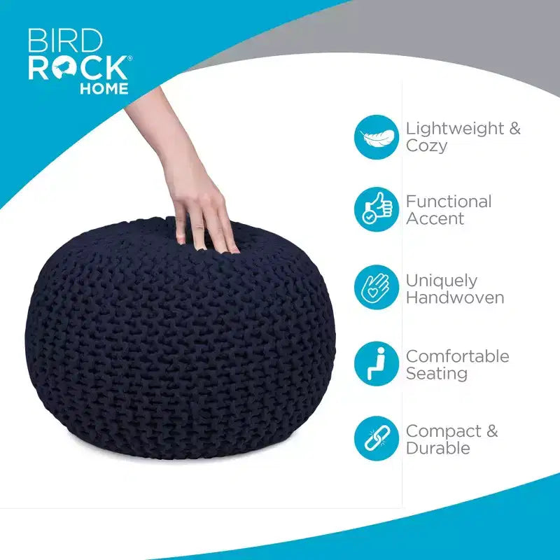Pouf ottomano rotondo lavorato a mano blu marino, posto singolo
