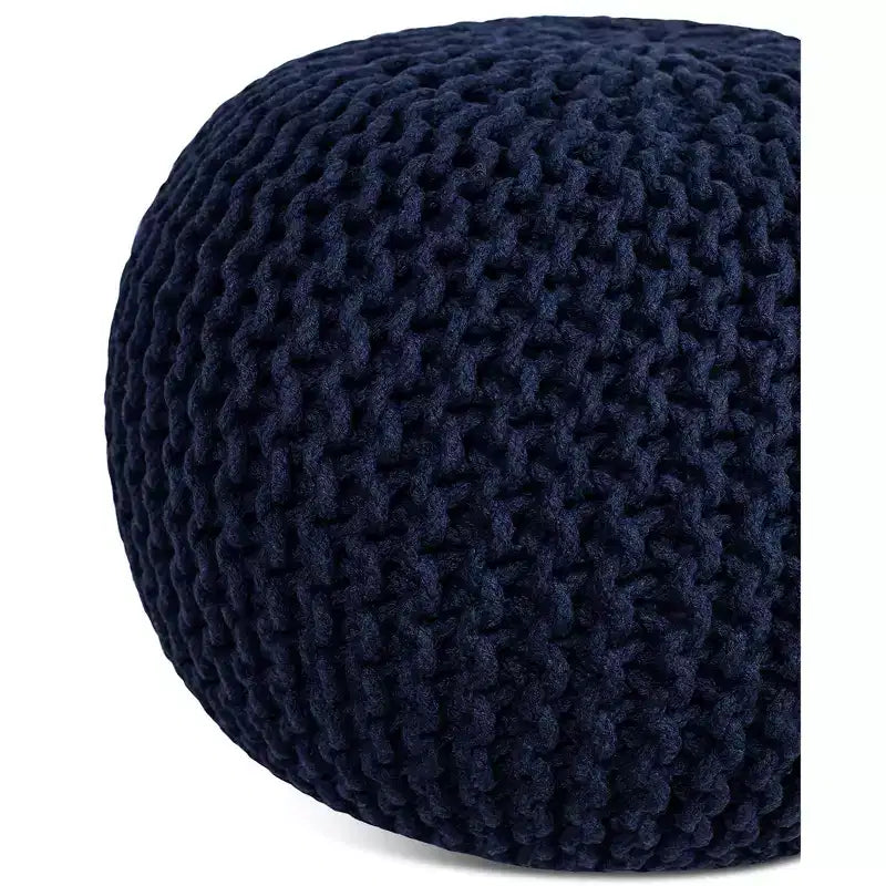 Pouf ottomano rotondo lavorato a mano blu marino, posto singolo