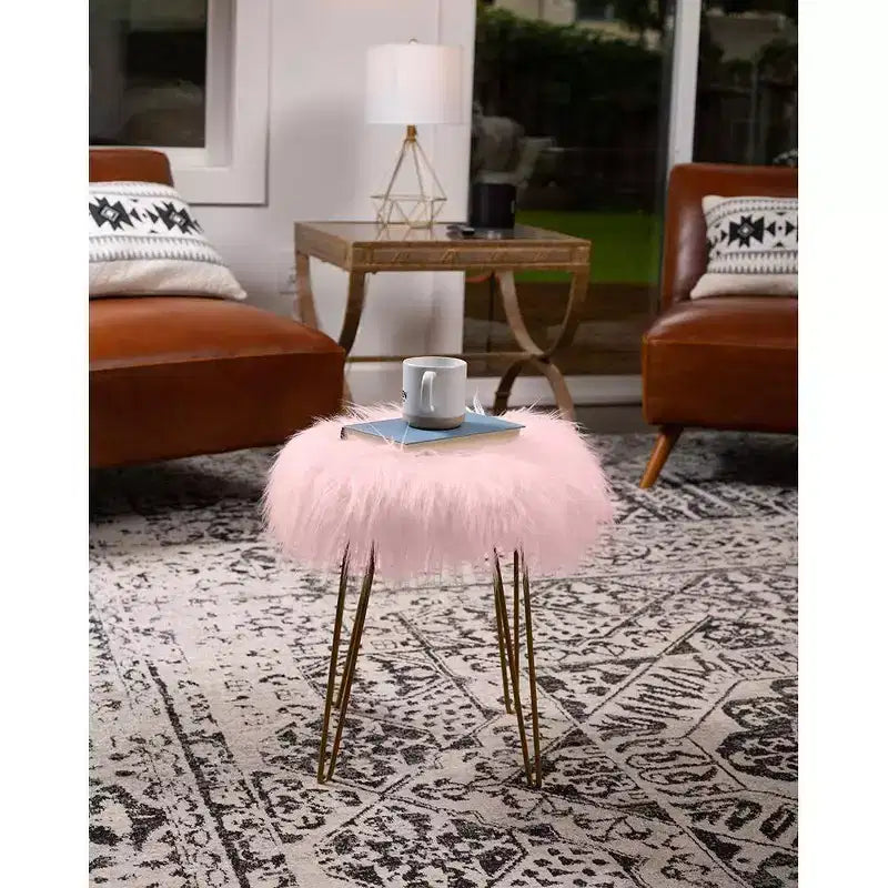 Pouf rotondo in pelliccia sintetica rosa con gambe dorate – 1 persona