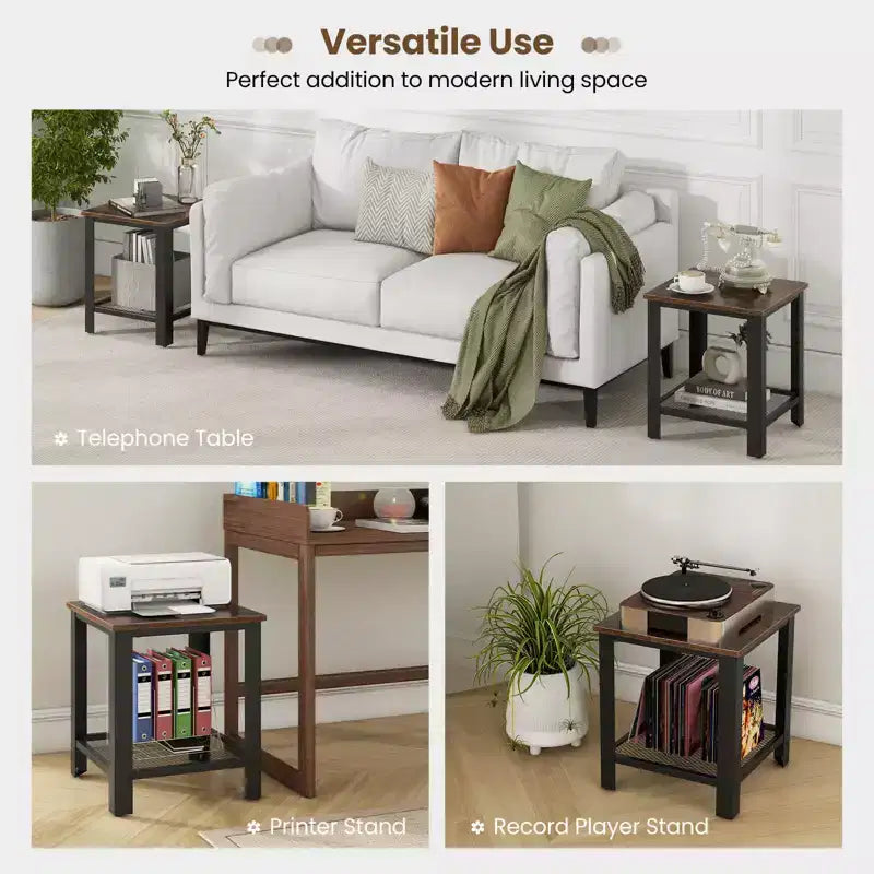 Tavolino Quadrato a 2 Livelli Marrone Rustico e Nero, Set da 2