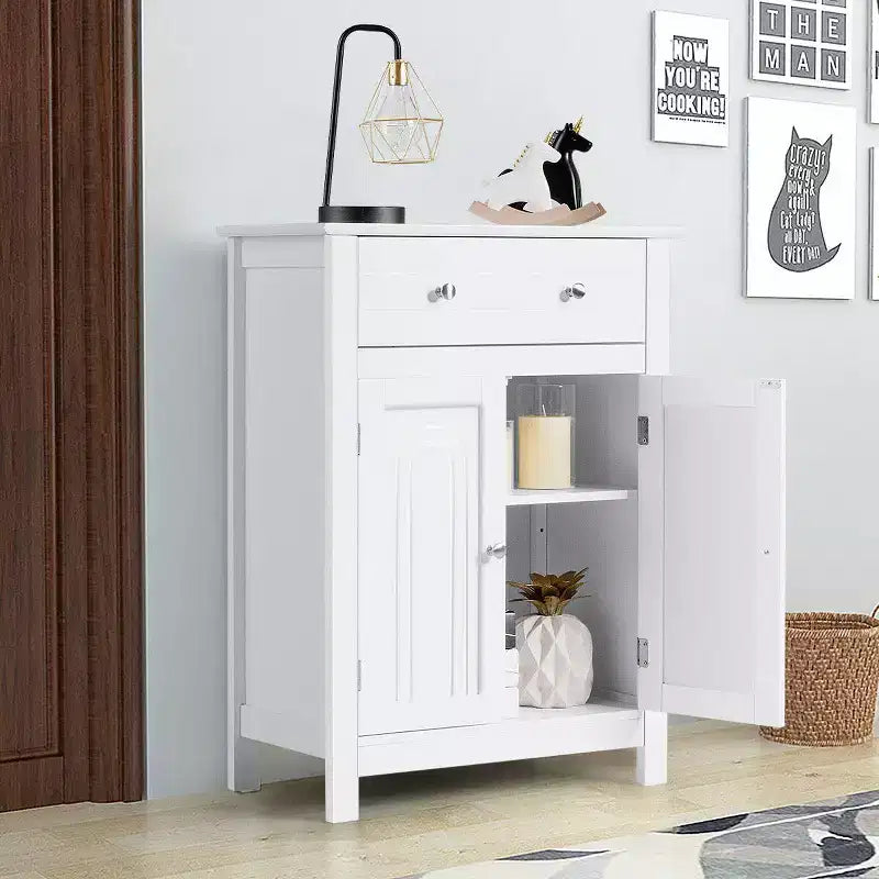 Mobiletto da bagno bianco autoportante con cassetto e ripiano regolabile, montaggio da 1 persona