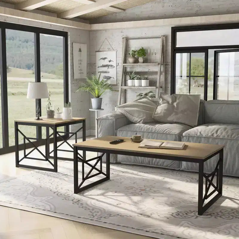 Set di 2 tavolini da caffè e d'appoggio, grigio / rovere naturale, posti a sedere 2–4