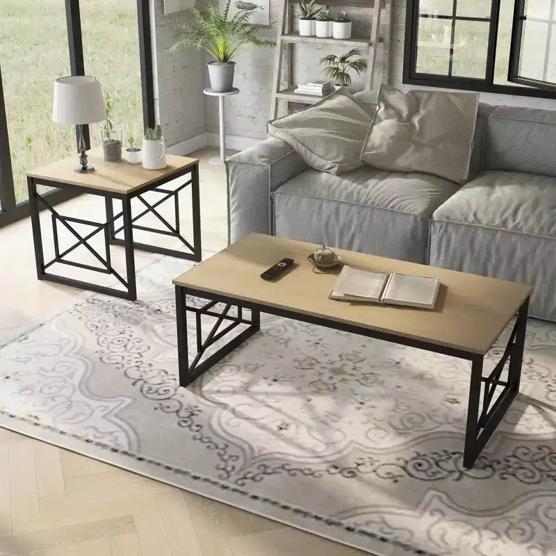 Set di 2 tavolini da caffè e d'appoggio, grigio / rovere naturale, posti a sedere 2–4