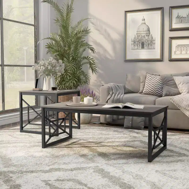 Set di 2 tavolini da caffè e d'appoggio, grigio / rovere naturale, posti a sedere 2–4