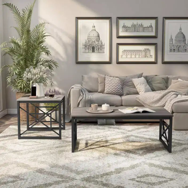 Set di 2 tavolini da caffè e d'appoggio, grigio / rovere naturale, posti a sedere 2–4