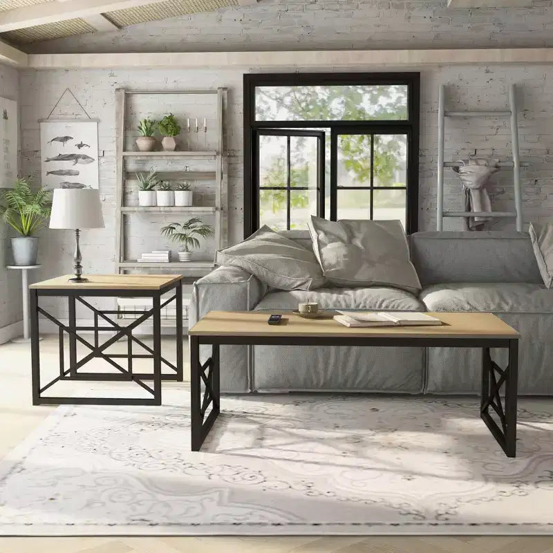 Set di 2 tavolini da caffè e d'appoggio, grigio / rovere naturale, posti a sedere 2–4