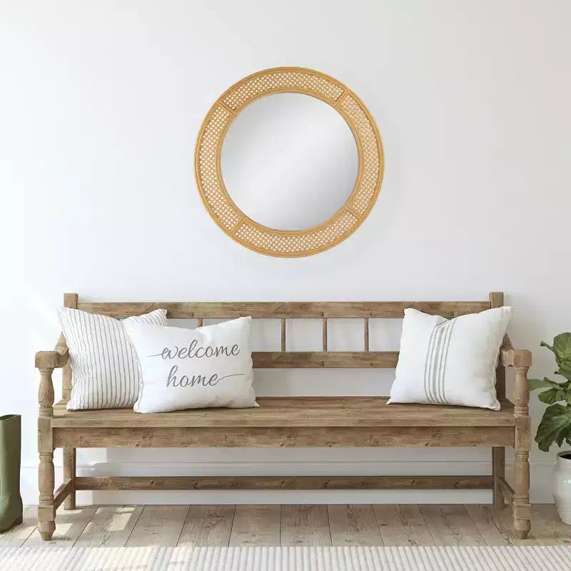 Specchio da parete rotondo in rattan intrecciato marrone naturale, 30", 1 pezzo
