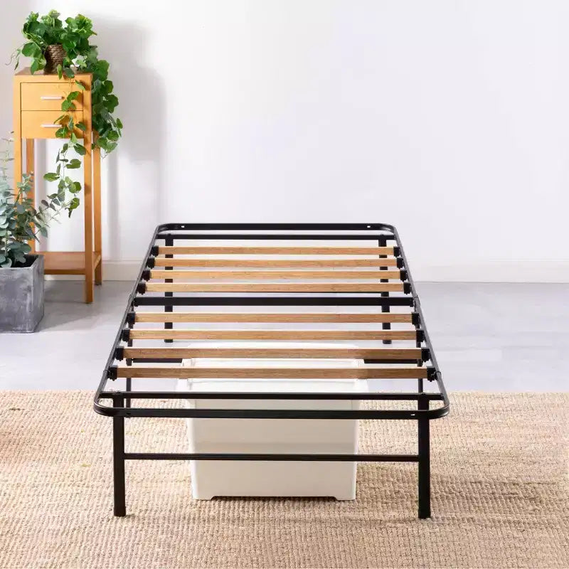 Telaio Letto a Piattaforma in Acciaio Nero con Doghe in Bambù – Matrimoniale/Singolo