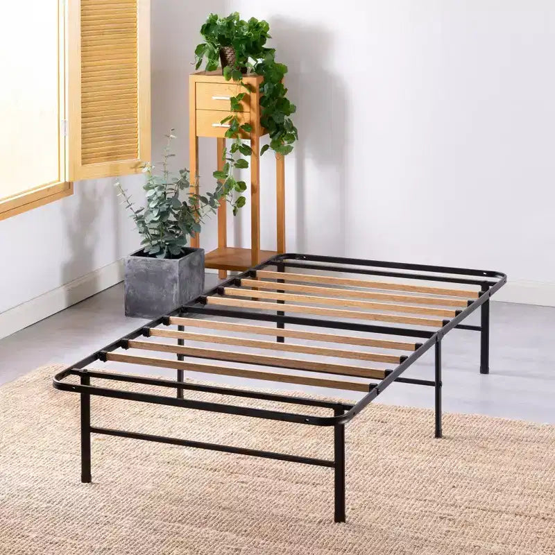 Telaio Letto a Piattaforma in Acciaio Nero con Doghe in Bambù – Matrimoniale/Singolo