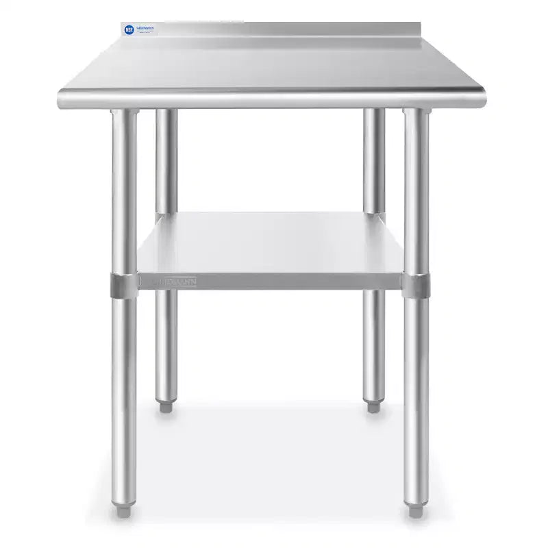 Tavolo da Lavoro Commerciale in Acciaio Inox Argento con Alzatina e Ripiano Inferiore, 1–2 Persone