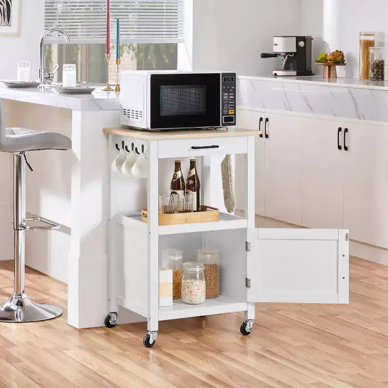 Carrello da cucina nero/bianco con ripiano aperto e armadietto