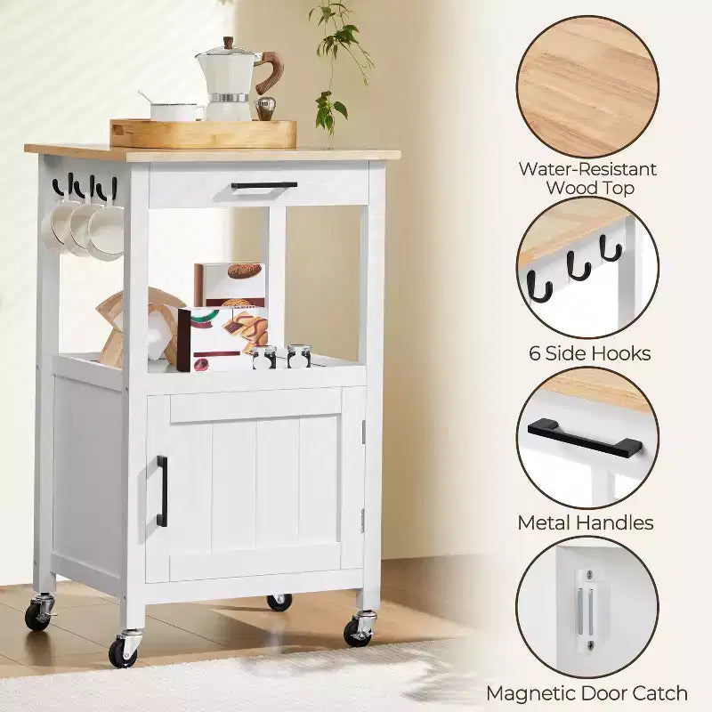 Carrello da cucina nero/bianco con ripiano aperto e armadietto