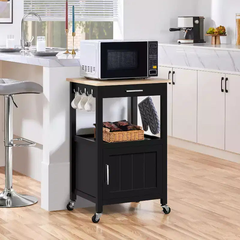 Carrello da cucina nero/bianco con ripiano aperto e armadietto