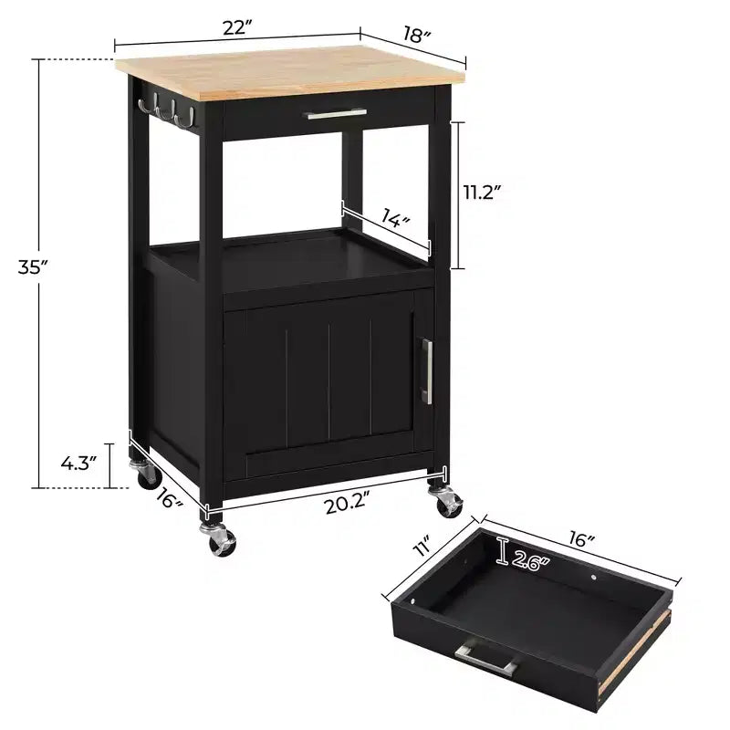 Carrello da cucina nero/bianco con ripiano aperto e armadietto