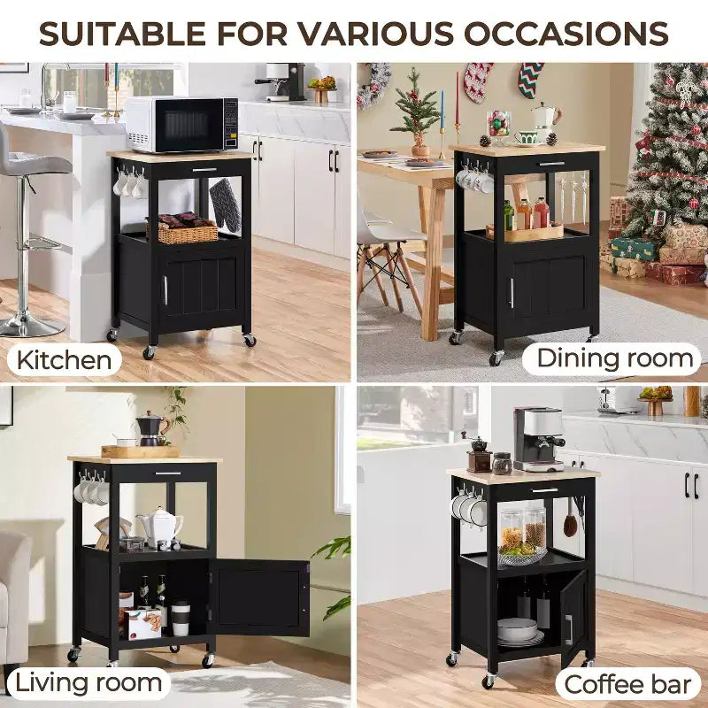 Carrello da cucina nero/bianco con ripiano aperto e armadietto