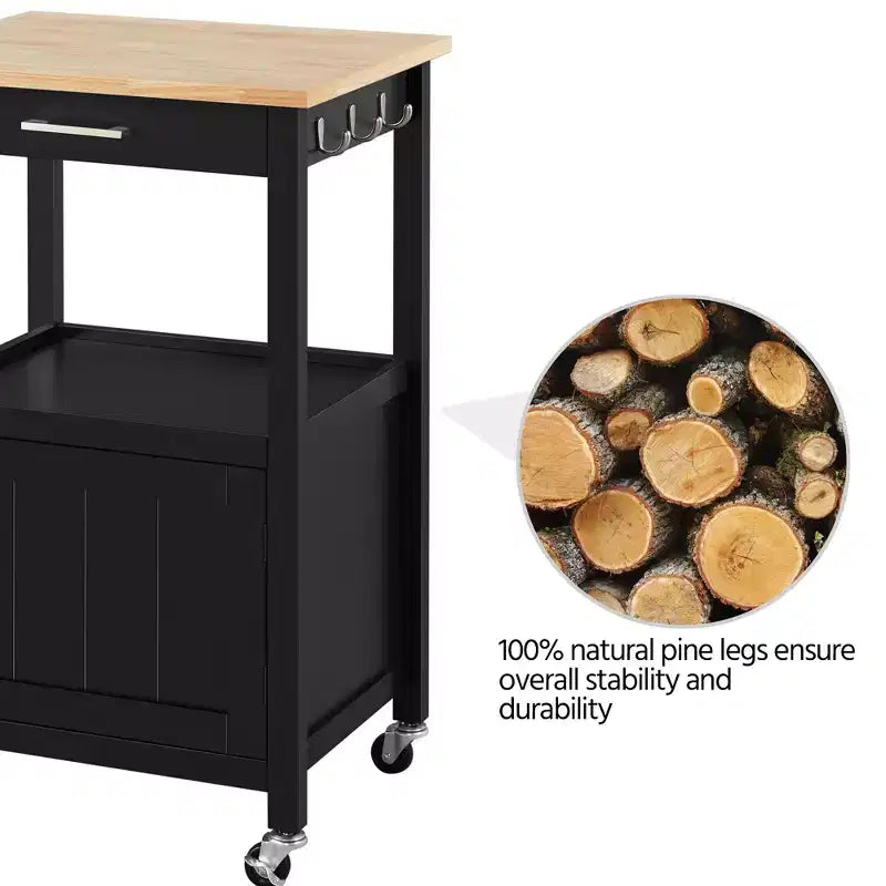 Carrello da cucina nero/bianco con ripiano aperto e armadietto