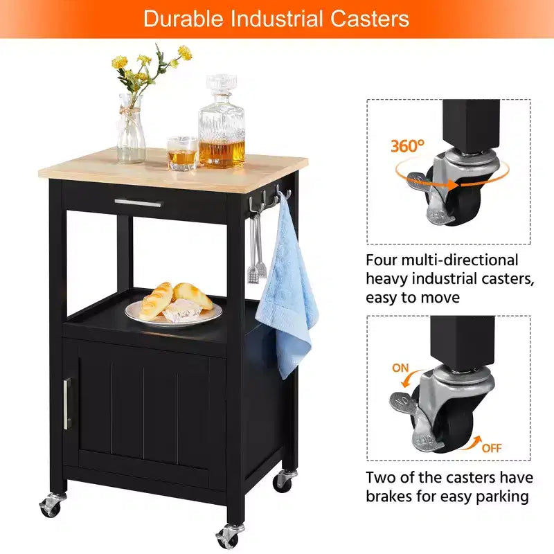 Carrello da cucina nero/bianco con ripiano aperto e armadietto