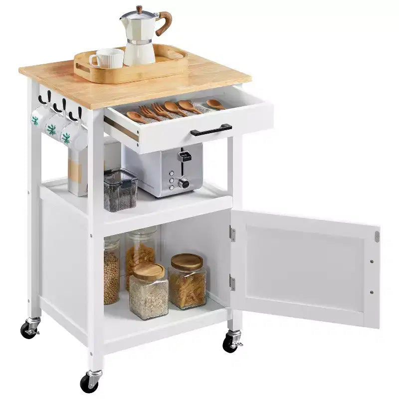 Carrello da cucina nero/bianco con ripiano aperto e armadietto