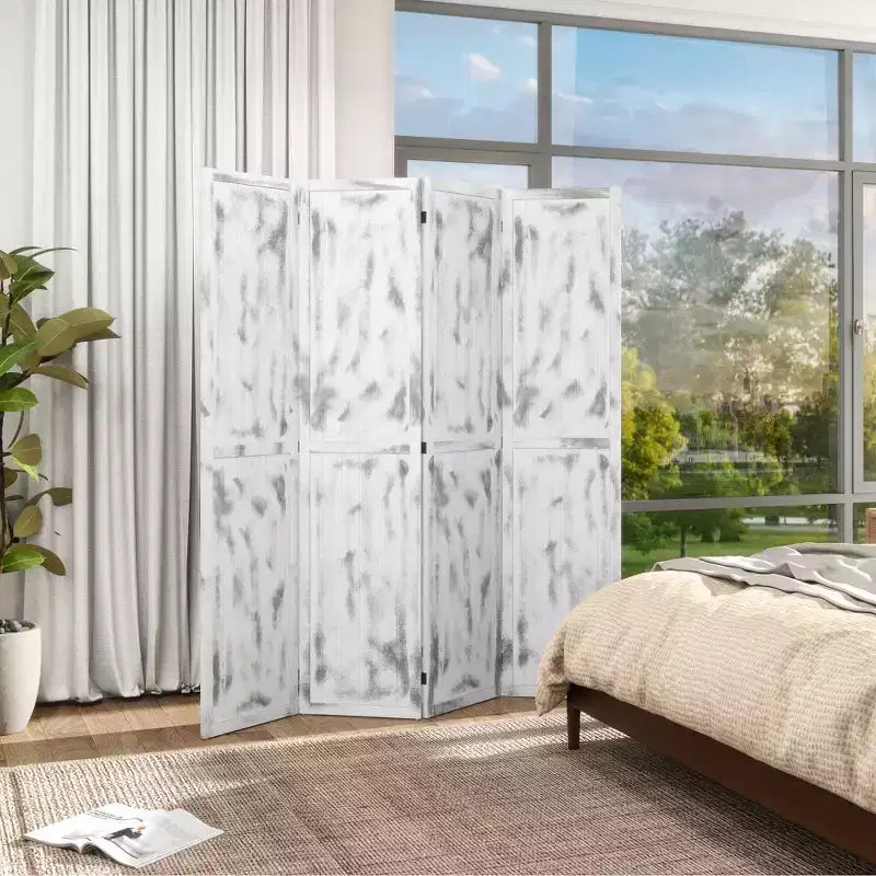Paravento Pieghevole a 4 Pannelli Effetto Legno Bianco, per 1 Persona, 160 cm (L) x 170 cm (A)