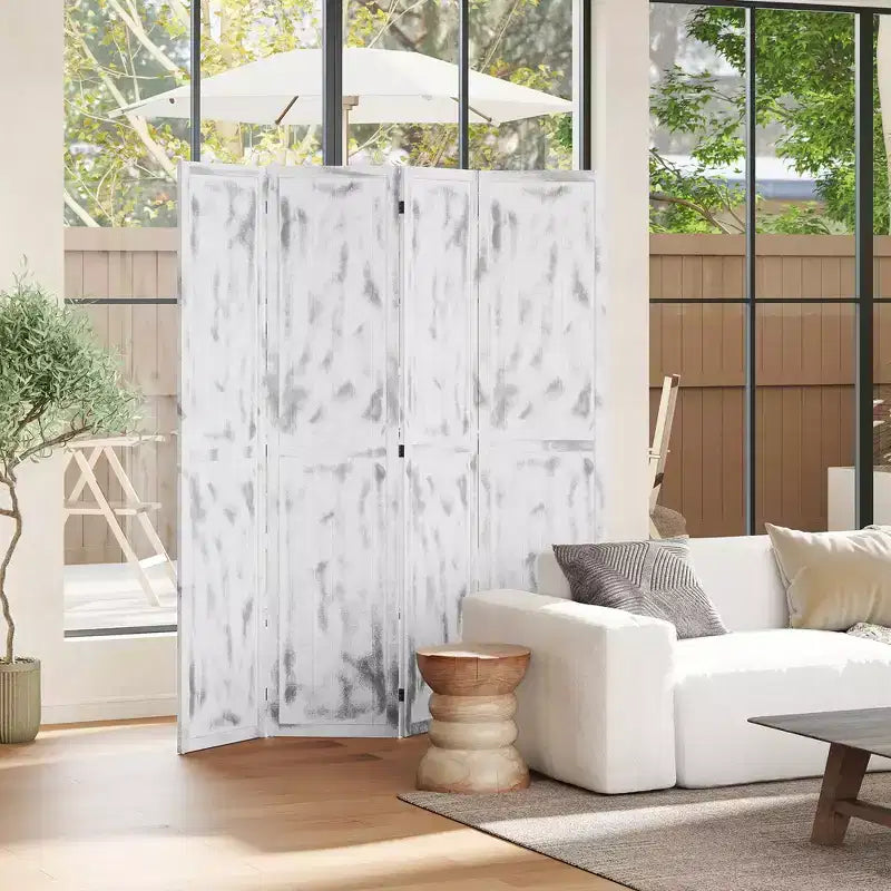 Paravento Pieghevole a 4 Pannelli Effetto Legno Bianco, per 1 Persona, 160 cm (L) x 170 cm (A)