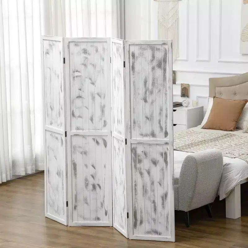 Paravento Pieghevole a 4 Pannelli Effetto Legno Bianco, per 1 Persona, 160 cm (L) x 170 cm (A)