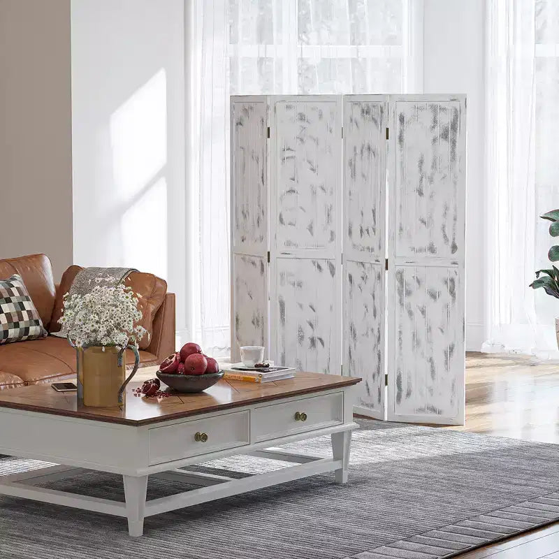 Paravento Pieghevole a 4 Pannelli Effetto Legno Bianco, per 1 Persona, 160 cm (L) x 170 cm (A)