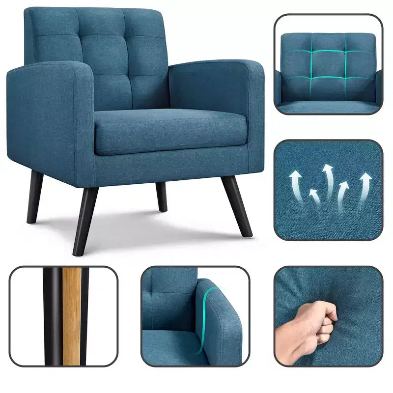 Poltrona d'accento trapuntata grigio scuro/blu navy/gialla, seduta singola, stile metà secolo