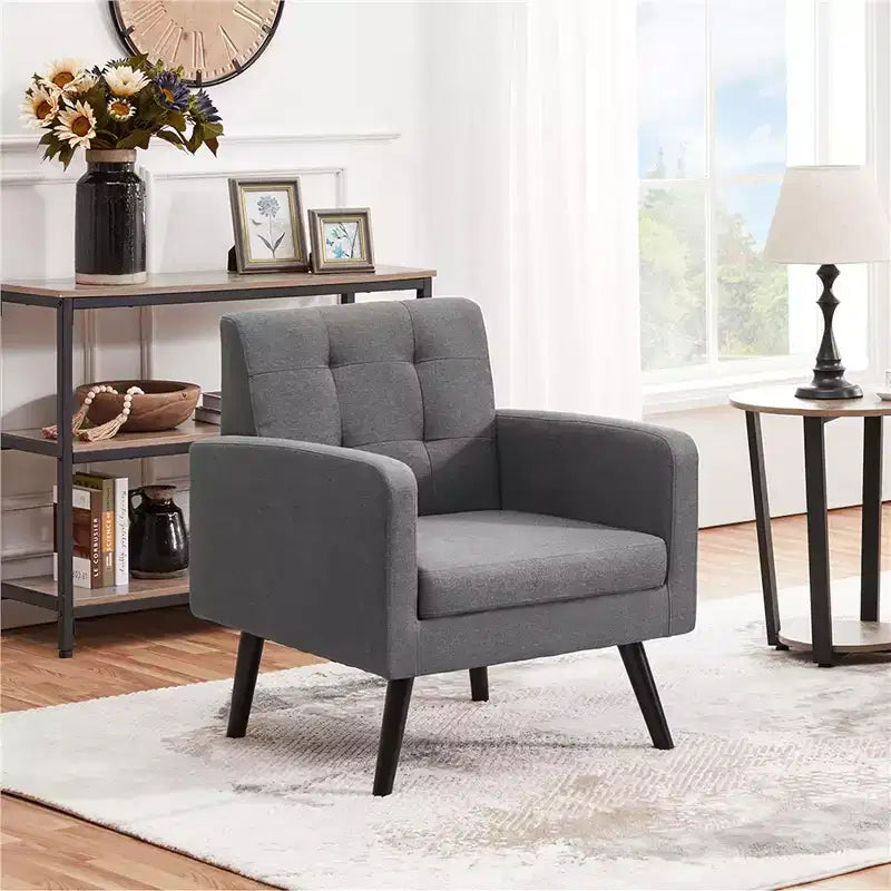 Poltrona d'accento trapuntata grigio scuro/blu navy/gialla, seduta singola, stile metà secolo