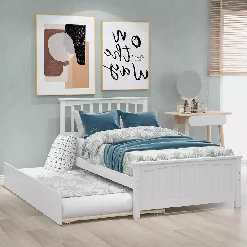 Letto a piattaforma in legno grigio/bianco singolo con letto estraibile, per 2 persone